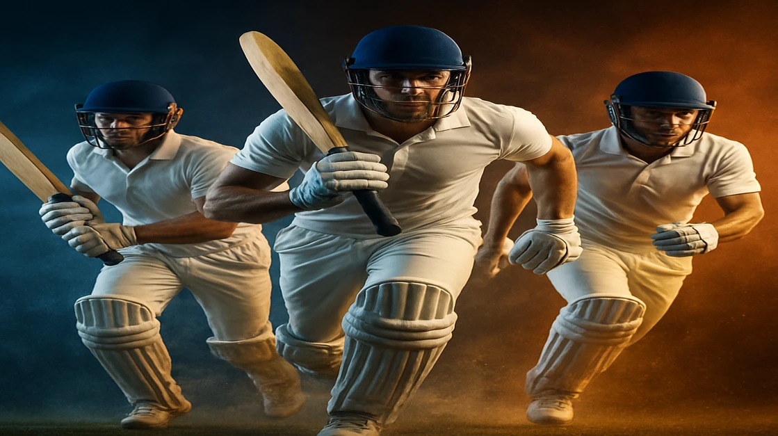K333 জার্সি পরা এক আত্মবিশ্বাসী ক্রিকেট খেলোয়াড় জয় উদযাপন করছেন, চারপাশে ক্রিকেট সরঞ্জাম ও স্ক্রিনে প্রদর্শিত গেমিং তথ্য।