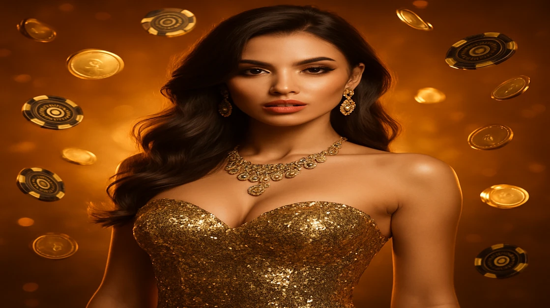 একটি ঝলমলে সোনালি পোশাক পরা গ্ল্যামারাস নারী K333 গেমিং প্ল্যাটফর্মে বিলাসবহুল বিনোদনের অভিজ্ঞতা তুলে ধরেন, চারপাশে ঝলমলে সোনা-মুদ্রা ও চিপসের বর্ষণ ছড়িয়ে পড়ে।