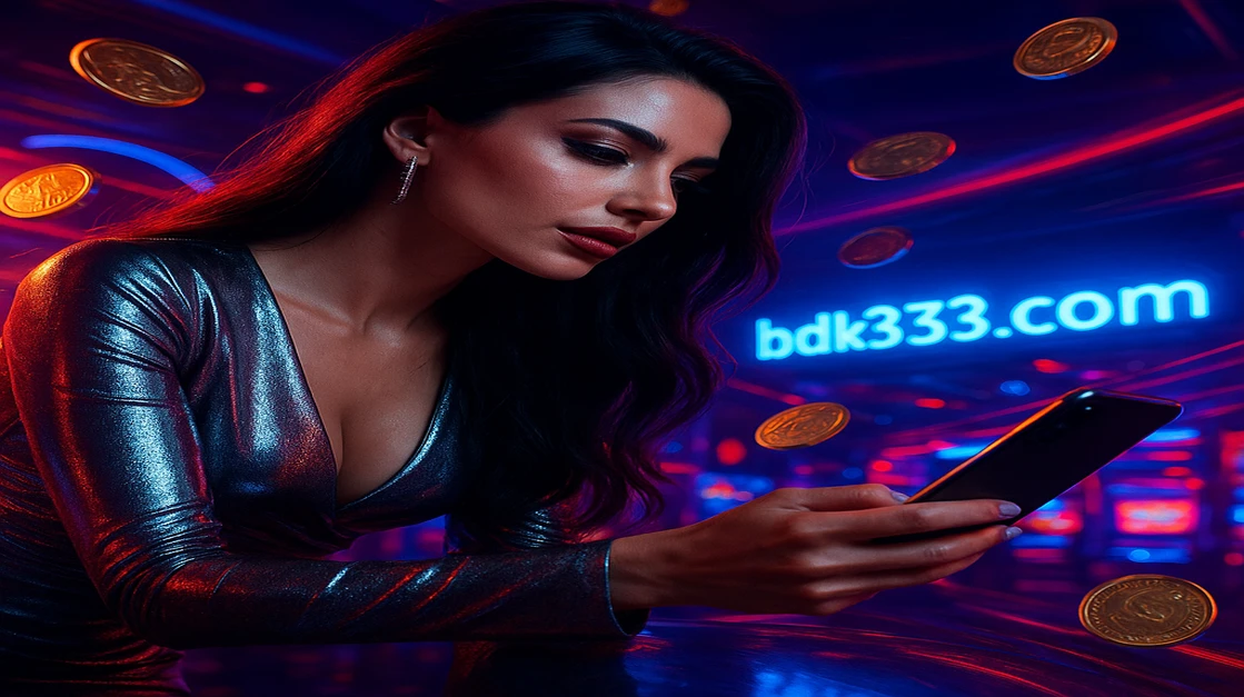 একজন নারী K333 ক্রিপ্টো-গেমিং প্ল্যাটফর্মে লগইন করতে একটি স্মার্টফোন ধরে আছেন, চারপাশে জ্বলন্ত বাংলাদেশি টাকার নকশা-চিহ্ন ও একটি ভবিষ্যৎ-গেমিং পরিবেশ দ্বারা ঘিরে রয়েছে।